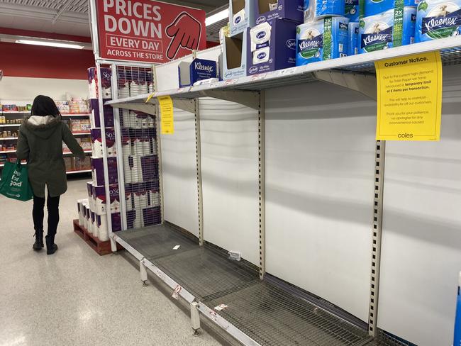 Empty shelves have been spotted in Port Pirie after toilet paper was snapped up following the lockdown announcement. Picture: Shari Hams