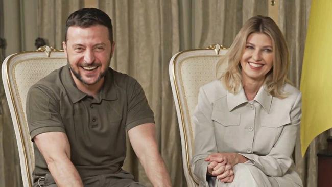 Olena Zelenska and her husband Ukrainian President Volodymyr Zelensky, during an interview with British broadcaster Piers Morgan. Picture: SkyNews