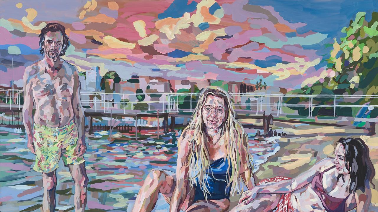 Oliver Watts’ 'Heidi May, Elle Charalambu and the artist at Redleaf Pool', acrylic on canvas, 183 x 243.5cm. Sitters: Oliver Watts, Heidi May and Elle Charalambu