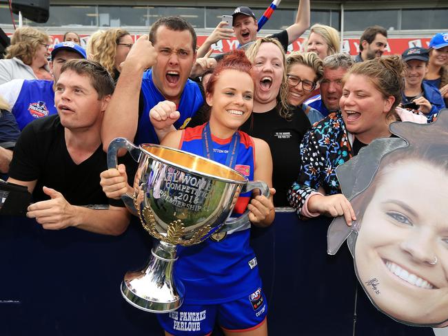 2018 NAB AFL WomenÕs Grand Final between the Western Bulldogs and the Brisbane Lions at Ikon Park, Melbourne. Western Bulldog Jenna Bruton celebrates the win with fans. Picture: Mark Stewart