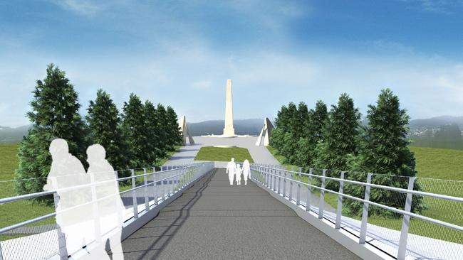 An artist’s impression of a bridge spanning the Tasman Highway between the Cenotaph and the Aquatic Centre on the Domain released last year. Supplied by the Hobart City Council