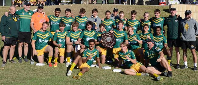 St Brendan's College players celebrate their win at the 2023 Confraternity Shield. Photo: Academy Photography