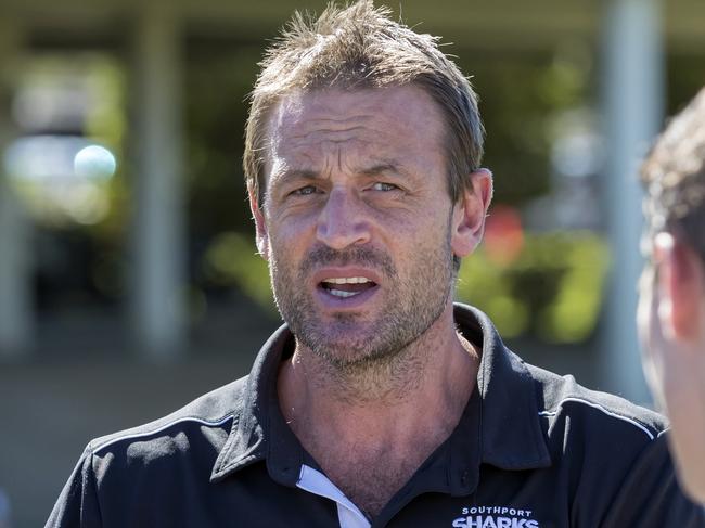 Southport assistant coach Matt Primus chats to the players. Picture credit: TJ Yelds, NEAFL.