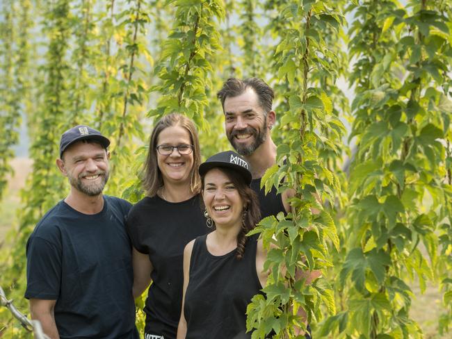 Hoppy hour: Mitta Mitta Brewing’s Tim Cabelka with his wife, Jen, and business partners Chris Rowe and Alec Pennington. Picture: Zoe Phillips