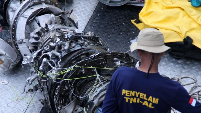 Parts of an engine from the ill-fated Lion Air flight. Picture: AFP