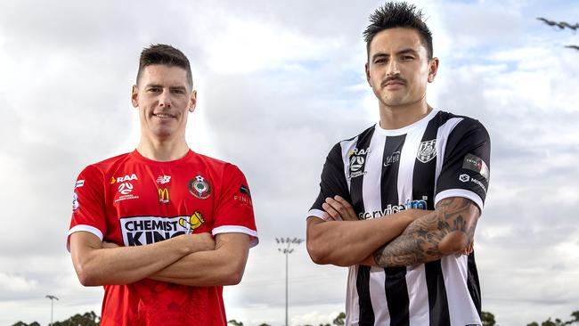 Joe Allwright of Campbelltown City and Matt Halliday of Adelaide City will clash in the first game of the season on Friday night. Picture: Mark Brake