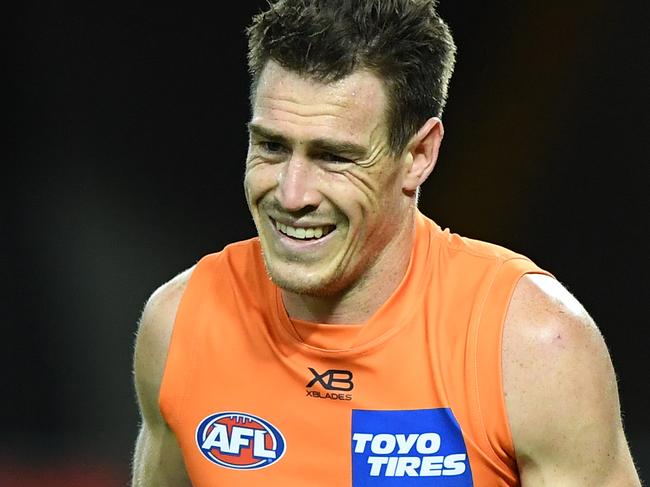 GOLD COAST, AUSTRALIA - SEPTEMBER 03: Jeremy Cameron of the Giants grimaces during the round 15 AFL match between the Greater Western Sydney Giants and the Carlton Blues at Metricon Stadium on September 03, 2020 in Gold Coast, Australia. (Photo by Matt Roberts/AFL Photos/via Getty Images)