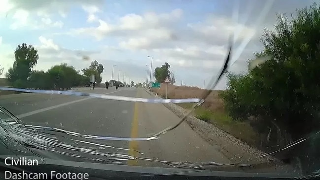 Dashcam footage showed the moment Hamas gunmen fired at a civilian car, cracking the windscreen. Picture: IDF