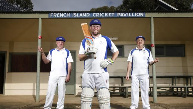 French Island Cricket Club’s captain Matthew Spark (centre) with teammates Russell Thompson and Peter Hatton . Picture: David Caird