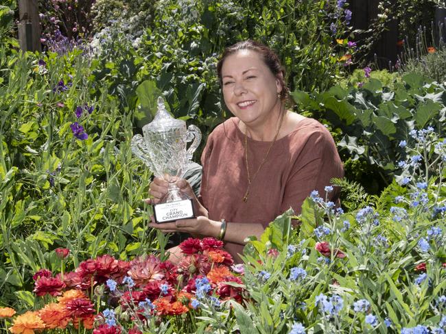 Leisa Rossignol in her Chronicle Garden Competition winning garden, designed and made with her husband Serge Rossignol. Thursday, September 16, 2021. Picture: Nev Madsen.