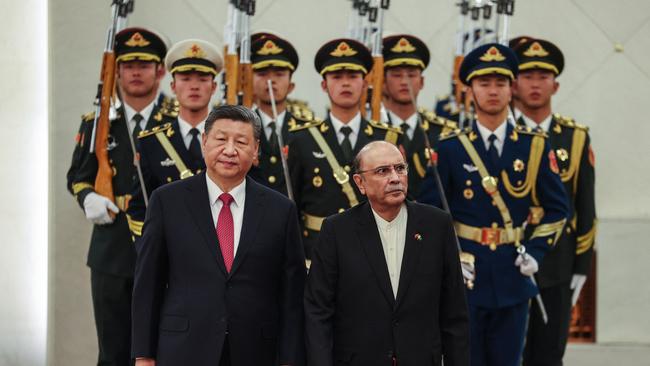 Chinese President Xi Jinping and Pakistani President Asif Ali Zardari during a ceremony in the Great Hall of the People in Beijing on Wednesday. Picture: AFP