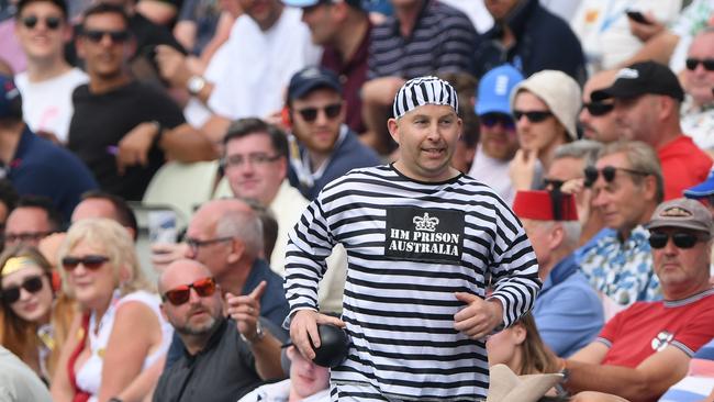 Cricket fans in fancy dress in the Hollies stand in 2019. Picture: Getty