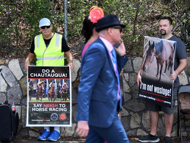 A racegoer walks past animal welfare activists as they protest outside the Eagle Farm racecourse. Picture: AAP/Dan Peled