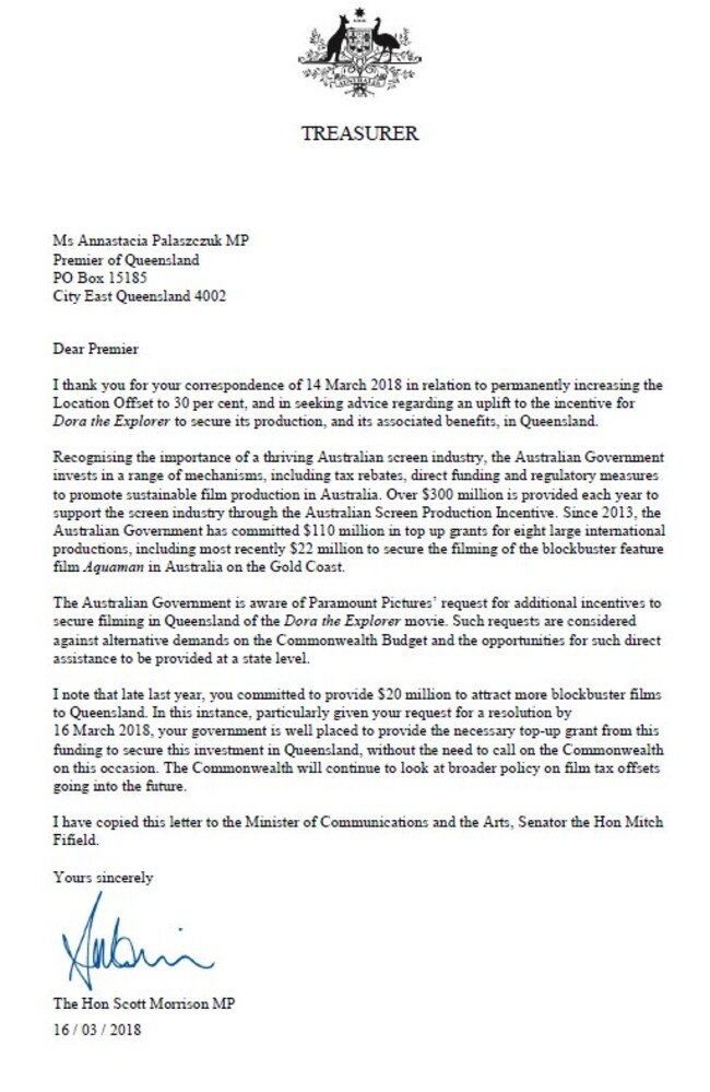 The letter Annastacia Palaszczuk receieved from Scott Morrison.