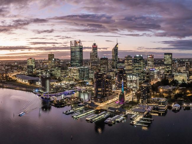 Aerial high angle drone view of Perth's CBD skyline with Elizabeth Quay in the foreground. Many mining companies are headquartered in PerthEscape 17 December 202348 Hours in - PerthPhoto: iStock