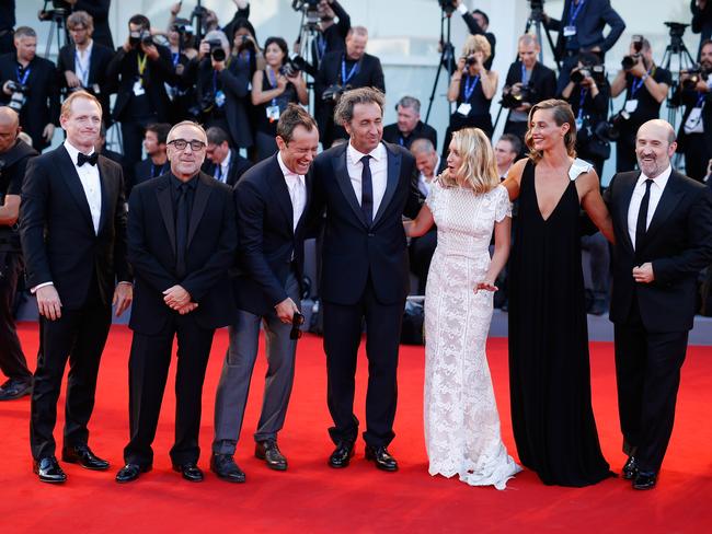 Actors Scott Shepherd, Silvio Orlando, Jude Law, Ludivine Sagnier, director Paolo Sorrentino, actors Cecile De France, Javier Camara and James Cromwell attend the premiere of ‘The Young Pope’ during the 73rd Venice Film Festival at Palazzo del Casino on September 3, 2016. Picture: Getty