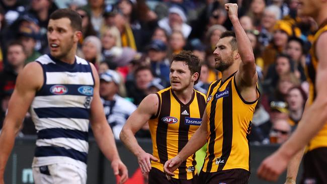 Luke Hodge goals in the dying seconds to give the Hawks a chance. Picture: Michael Klein