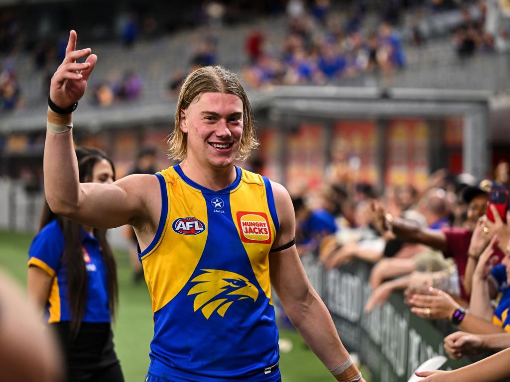 Harley Reid celebrates his side’s win over the Dockers on Saturday night in the derby. Picture: Daniel Carson/AFL Photos via Getty Images.