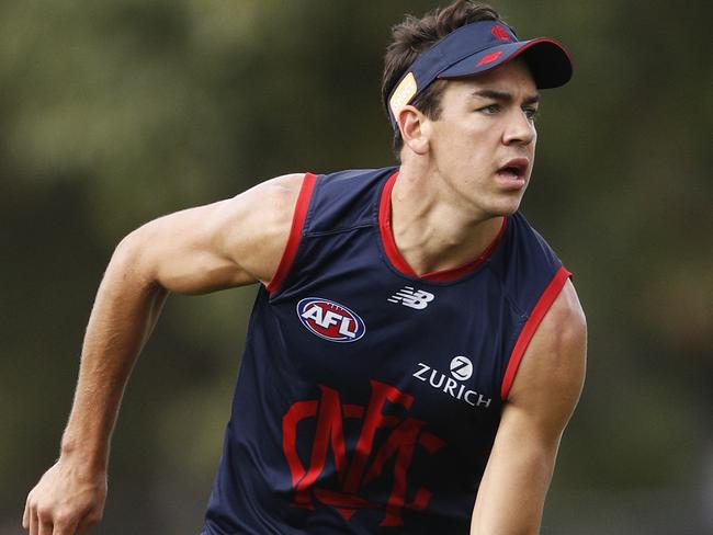 Marty Hore is seen during a Melbourne Demons training session at Gosch's Paddock in Melbourne, Monday, March 18, 2019.  (AAP Image/Daniel Pockett) NO ARCHIVING