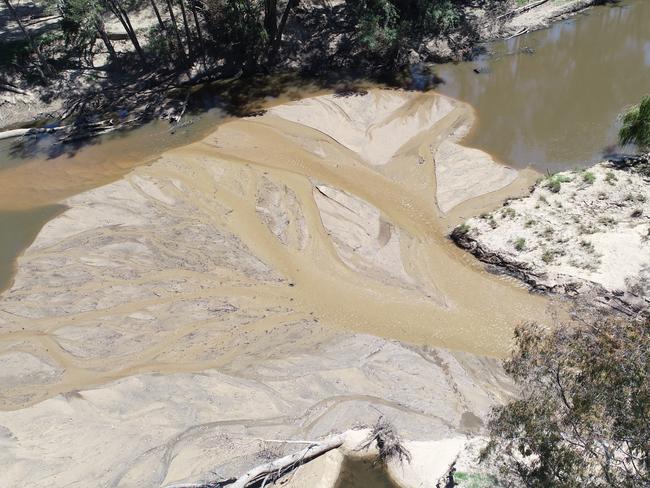 The junction of Hovells Creek into the Lachlan River. This photo is supplied by Prof. Fiona Dyer’s team at Canberra Uni. Shows sediment flows and erosion that the Hovells Creek Landcare Group is trying to reverse.