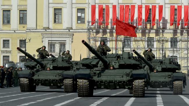 Russian military vehicles move on Dvortsovaya Square during a rehearsal for the Victory Day military parade in Saint Petersburg. Picture: AFP