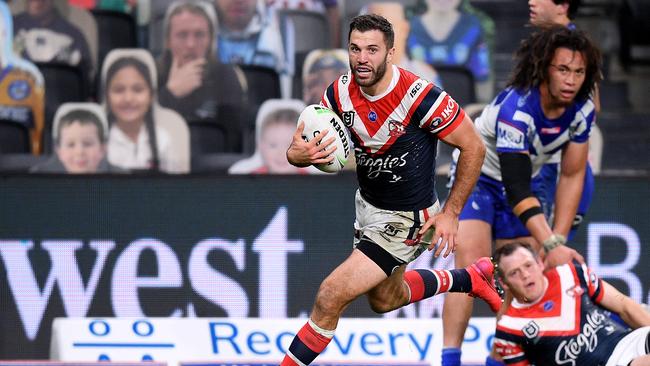 James Tedesco of the Roosters scores a try during the Round 5 NRL Match between the Canterbury Bulldogs and the Sydney Roosters at Bankwest Stadium in Sydney, Monday, June 15, 2020. (AAP Image/Dan Himbrechts) NO ARCHIVING, EDITORIAL USE ONLY