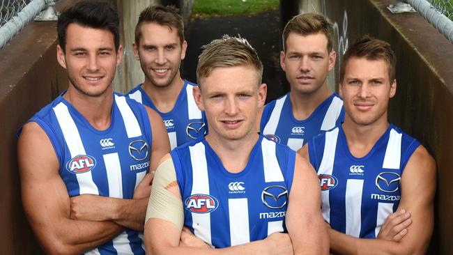 North Melbourne's new leadership group (from left) Robbie Tarrant, Jamie Macmillan, Jack Ziebell, Shaun Higgins and Andrew Swallow. Picture: Kylie Else