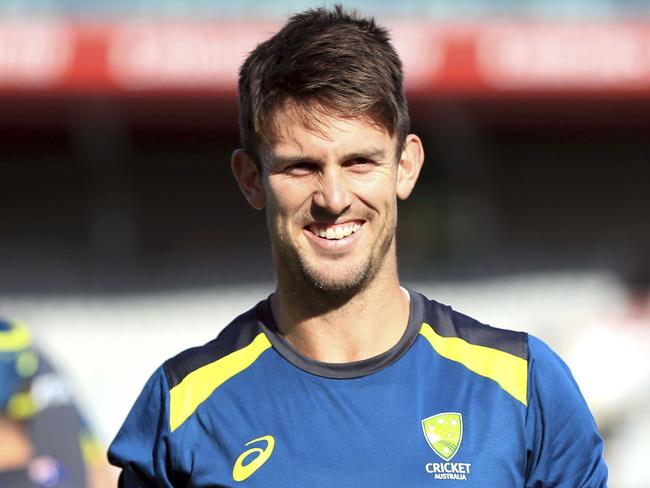 Australia's Mitchell Marsh takes part in a nets session at Old Trafford, Manchester, England, Monday Sept. 2, 2019. The 4th Ashes Test cricket match between England and Australia will begin on Wednesday Sept. 4. (Simon Cooper/PA via AP)