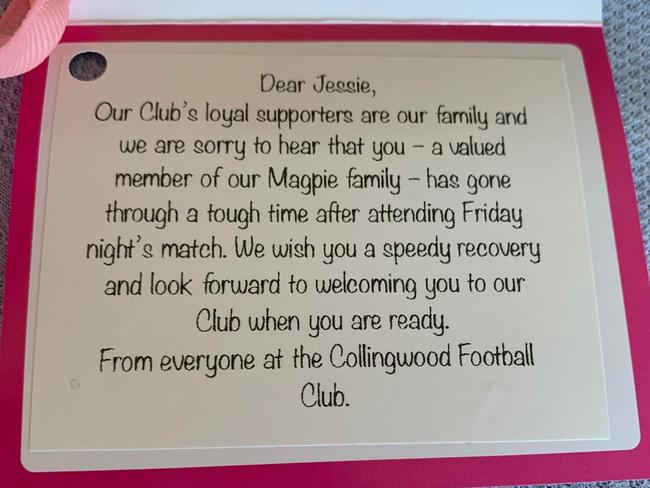 A card Collingwood sent to its die-hard fan Jessie Hatch after she was knocked unconscious by an e-scooter rider.