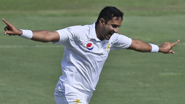 Pakistan's Mohammad Abbas celebrates dismissing Australia's Shaun Marsh during their Test match in Abu Dhabi, United Arab Emirates, Wednesday, Oct. 17, 2018. (AP Photo/Kamran Jebreili)