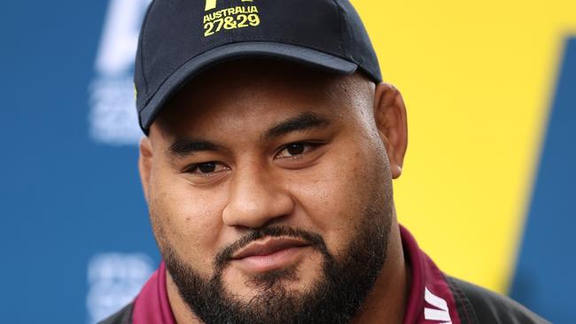 BRISBANE, AUSTRALIA - MAY 13: Queensland Reds Taniela Tupou speaks to media during a Rugby Australia media opportunity in support of the Rugby World Cup 2027 & 2029 bid, at King George Square on May 13, 2022 in Brisbane, Australia.  (Photo by Chris Hyde/Getty Images for Rugby Australia)