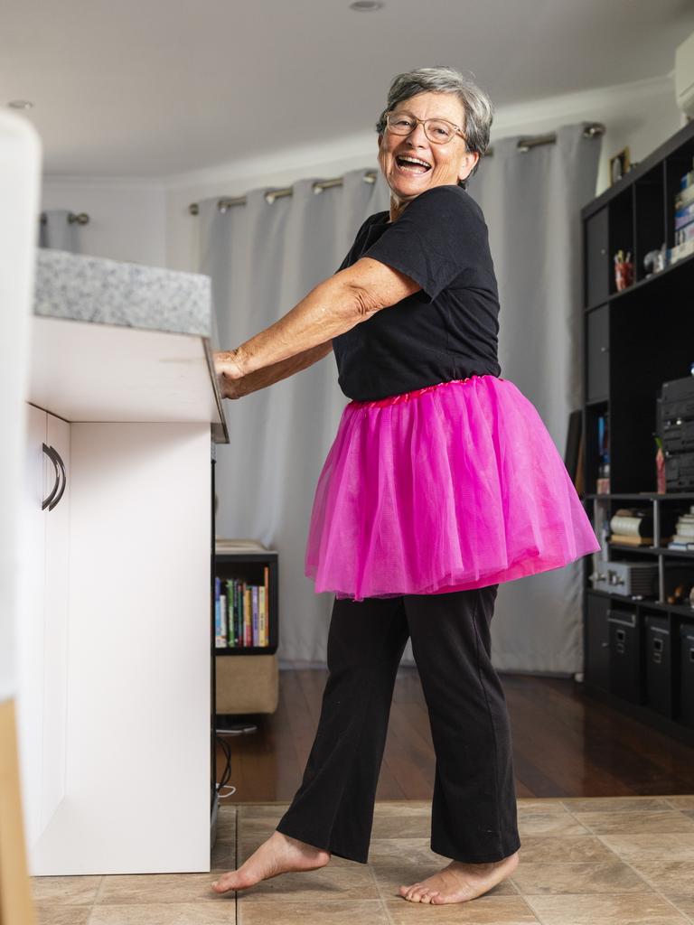 Colleen Reid does online classes with Queensland Ballet and is already feeling the benefits on her arthritis following a partnership between Arthritis Queensland and Queensland Ballet. Picture: Kevin Farmer