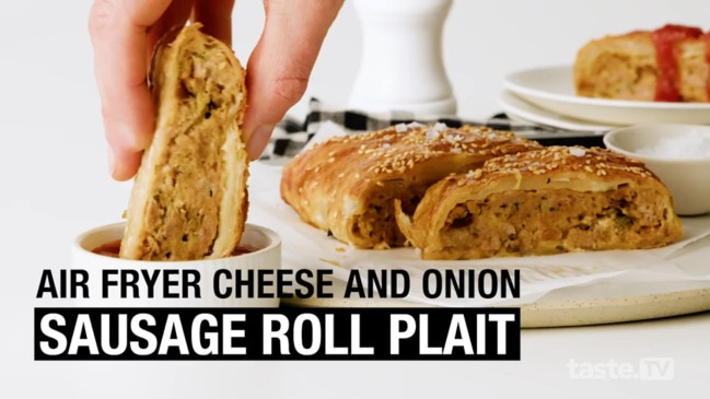 Air fryer cheese and onion sausage roll plait