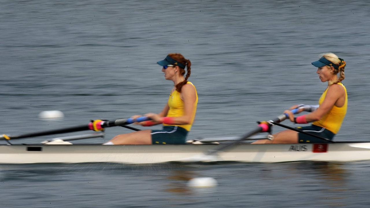 2008 Beijing Olympic Games. Day 1. Rowing. Shunyi Rowing complex. Kim Crow and Sarah Cook during their heat.