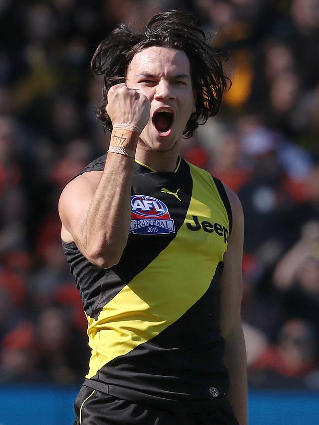 Daniel Rioli celebrates his late goal in the first quarter. Picture: Michael Klein