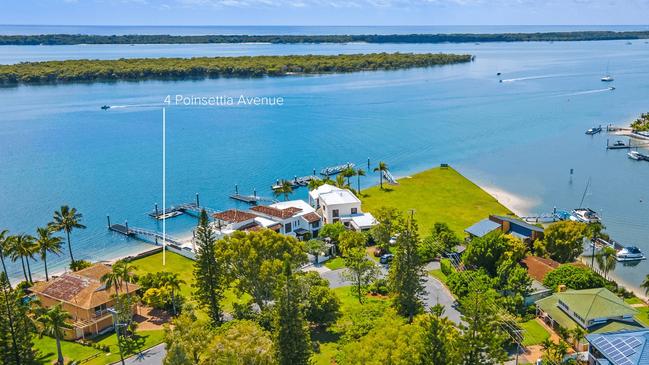 This 617 sqm block of land on the water at 4 Poinsettia Ave, Runaway Bay, is for sale for $5m.