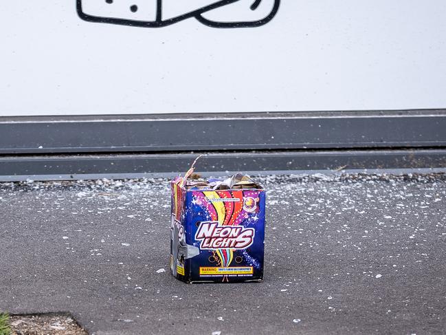 A box of firecrackers left at the scene. Picture: Jake Nowakowski