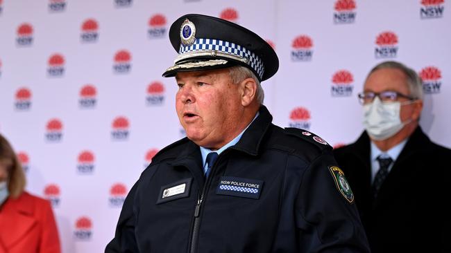 NSW Police Deputy Commissioner Gary Worboys (centre) speaks to the media during a COVID-19 press conference in Sydney. Picture: Bianca De Marchi