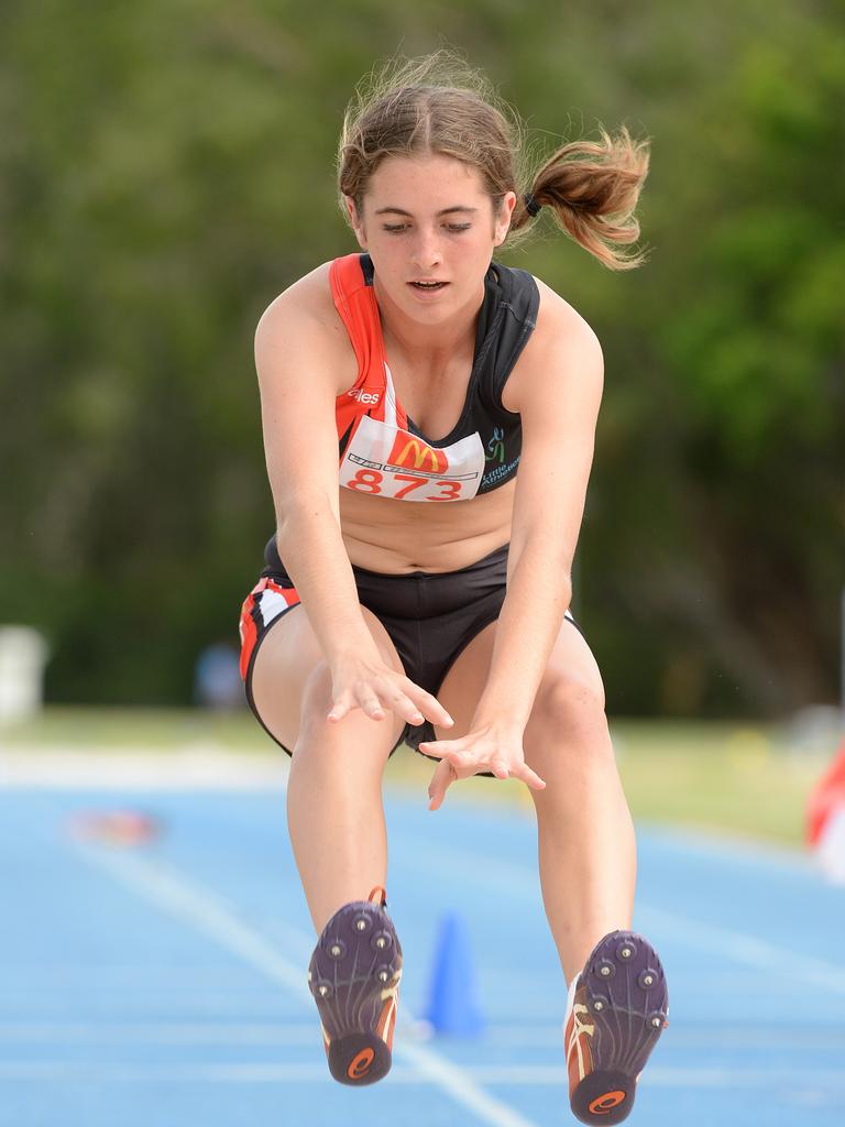 South Coast Little Athletics Titles at Pizzey Park in Miami. Girls U15 triple jump contestants. Grace Denny from Tweed Lac. Picture: Lawrence Pinder