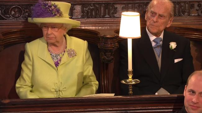 Queen Elizabeth II, Prince Philip, Duke of Edinburgh and Prince William, Duke of Cambridge during Bishop Michael Curry's sermon. Picture: BBC