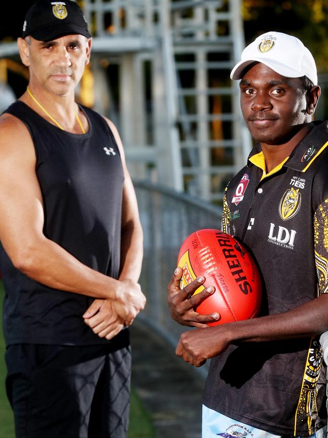 <s1>FORWARD THINKING: North Cairns has picked up former Gold Coast Suns NEAFL attacker Fitzroy Greenwool (right) for the 2020 season, delighting Tigers coach Ronnie Burns. </s1> <ld pattern=" "/> <source>Picture: Stewart McLean.</source>