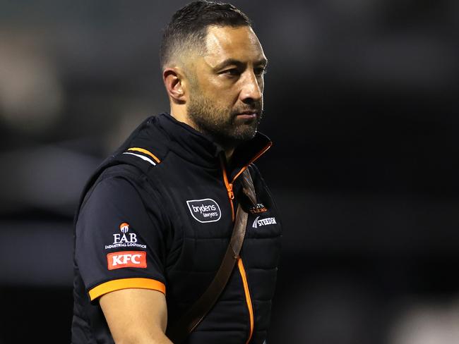 WOLLONGONG, AUSTRALIA - JULY 20: Assistant Coach of the Tigers Benji Marshall  reacts after the round 21 NRL match between St George Illawarra Dragons and Wests Tigers at WIN Stadium on July 20, 2023 in Wollongong, Australia. (Photo by Jeremy Ng/Getty Images)