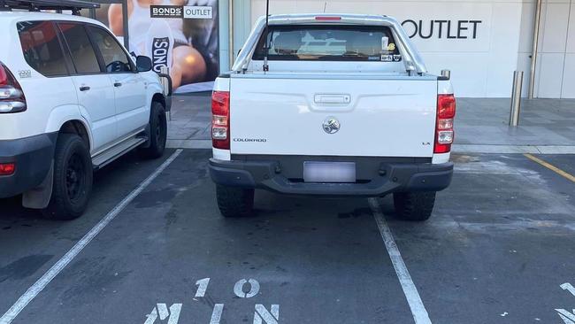 This ute was parked over the white line outside a shopping centre in WA. Picture: Facebook