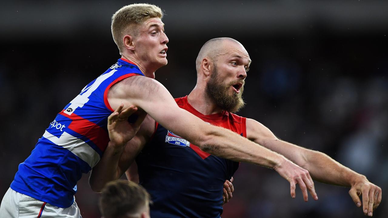 Tim English competing against Max Gawn in the Grand Final (Photo by Daniel Carson/AFL Photos via Getty Images)