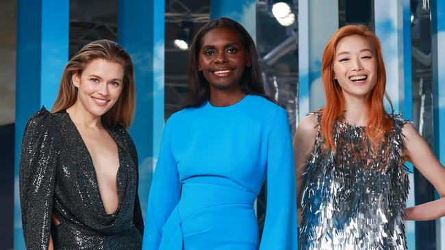 Daily Telegraph. 10, August, 2022.Victoria Lee wears Toni Maticevski, Magnolia Maymuru wears Solace London, and Fernanda Ly wears Leo Lin, at the David Jones Spring/Summer 22 Runway Rehearsal, at David Jones, Sydney CBD, today.Picture: Justin Lloyd.