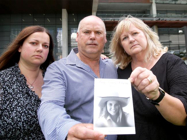 Sister Jess Pilgrim and parents Steven and Kate Pilgrim after the sentence of Kate Alford, who was driving during the crash which killed Amy. Picture: Steve Pohlner