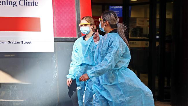 Nurses outside the Royal Melbourne Hospital. Picture: Aaron Francis/The Australian