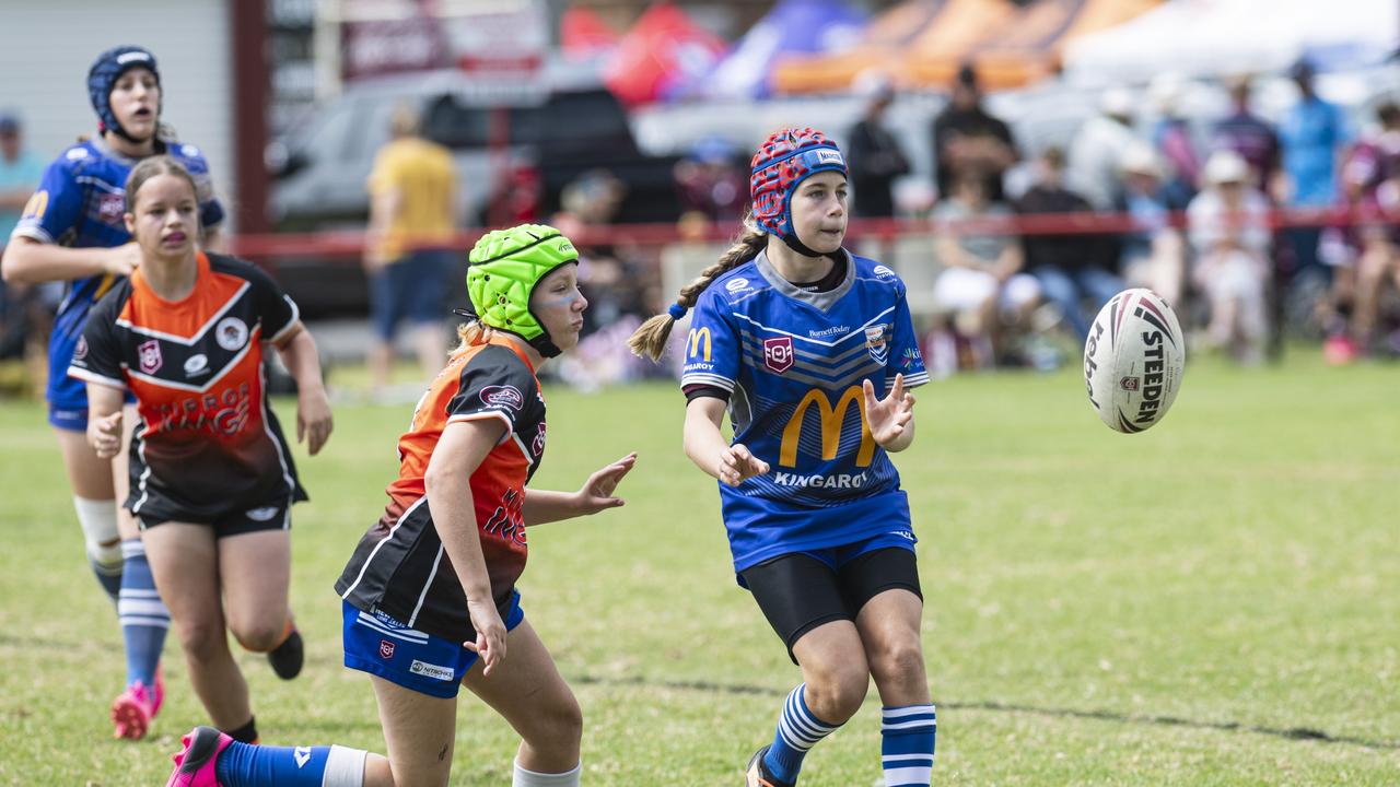 Chloe Dennis (right) in action for South Burnett Eagles. Picture: Kevin Farmer