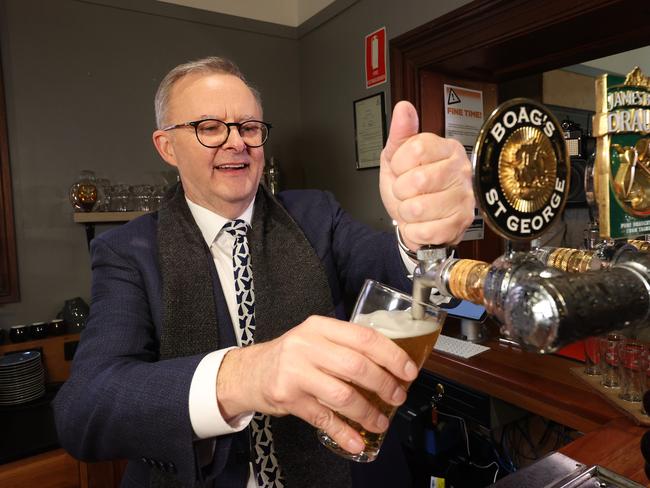 Labor leader Anthony Albanese pours a beer at the Boag's Brewery, Launceston. Picture: Liam Kidston