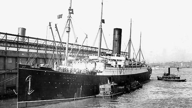 Carpathia docks at Pier 54 in New York City in 1912, following the rescue of the Titanic survivors